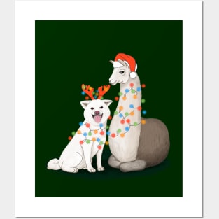 A dog and a llama ready for Christmas Posters and Art